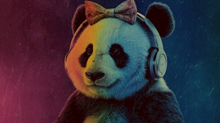 时尚熊猫戴耳机与蝴蝶结