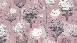 粉紫背景的猫咪花卉图案