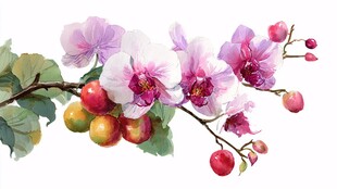 粉紫兰花与果实水彩插画