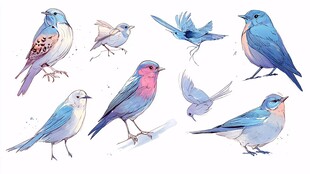 水彩绘多彩鸟儿姿态集