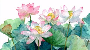 水彩绘荷花荷叶景致