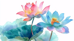 梦幻双色荷花水彩插画