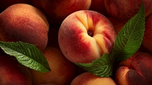 鲜桃堆叠 绿叶相伴