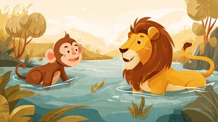 狮子与猴子在水中嬉戏
