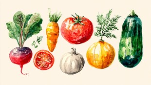 水彩绘多彩新鲜蔬菜集合