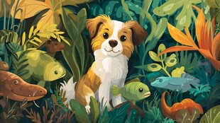 小狗在多彩水生植物中