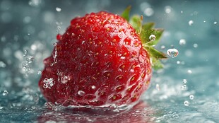 草莓入水溅起晶莹水珠