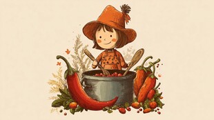 小女巫在大锅前煮魔法汤