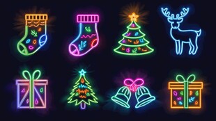 霓虹风格圣诞元素图标集