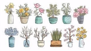 手绘多彩花瓶花卉插画