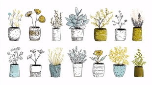 手绘盆栽植物插画集合