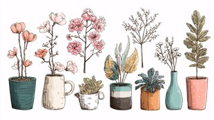 手绘花瓶植物插画集合