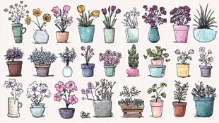 手绘盆栽花卉插画集合