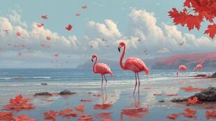 火烈鸟漫步于红叶海滨