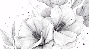 黑白手绘木槿花艺术插画