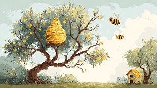 树上蜂巢旁飞舞的蜜蜂