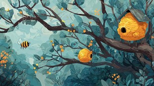 林中蜂巢与飞舞的蜜蜂