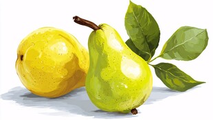 两个鲜梨带绿叶插画