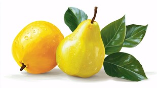 两个鲜梨带绿叶