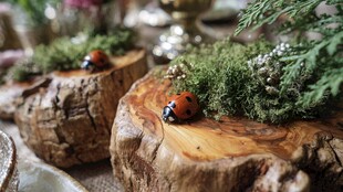 木墩上的瓢虫与绿植景观