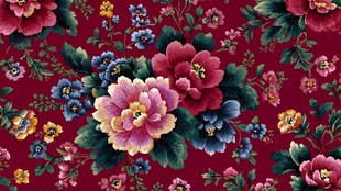 深红底繁花锦簇花卉图案