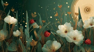 梦幻花卉间的瓢虫与蝶影