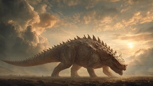 夕阳下的巨型史前恐龙