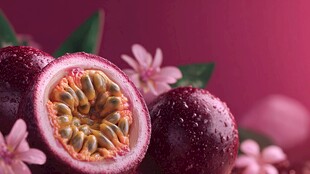 切开的百香果与花朵特写