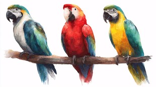 三只色彩斑斓鹦鹉栖于枝上