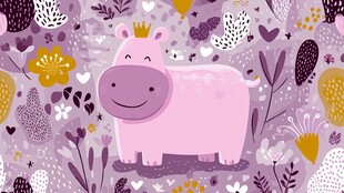 戴皇冠的粉色河马插画