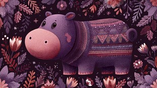 紫色河马置身繁花丛林间