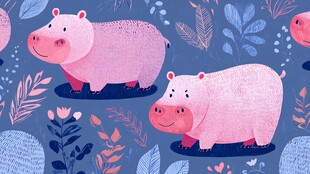 可爱河马与植物插画图案