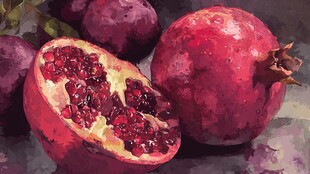 油画中的鲜润饱满红石榴