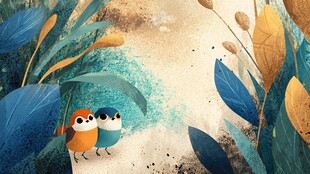 雨中双鸟漫步于绿植间