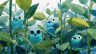 绿叶间的蓝色萌趣小鸟