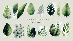 手绘水彩风多样绿叶集合