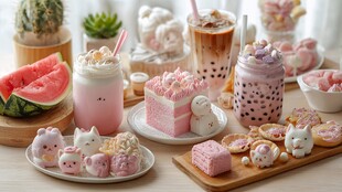 可爱甜品组合与萌趣摆件