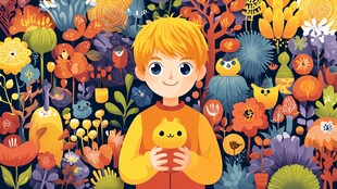 男孩置身奇幻花草动物世界