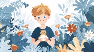 男孩怀抱小熊置身花草间