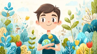 男孩捧地球于缤纷植物间