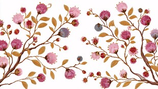 手绘粉色花卉枝叶图案