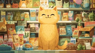 猫咪站在琳琅满目的宠物店内