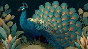 蓝孔雀开屏于绿植间