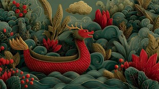 龙舟游弋于繁茂绿植间