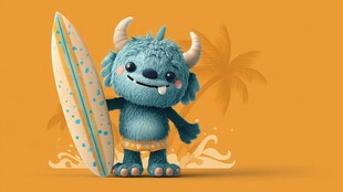 小怪兽手持冲浪板准备冲浪