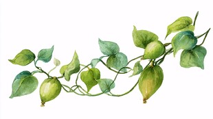 翠绿藤蔓上的青果与叶片