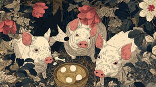 花丛中的三只萌趣小猪