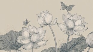 水墨风荷花与蝶雅致图景