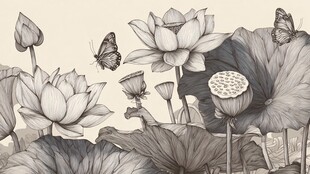 水墨荷花图 蝶舞荷间