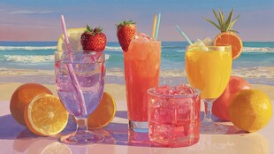 海滩上的缤纷美味果汁